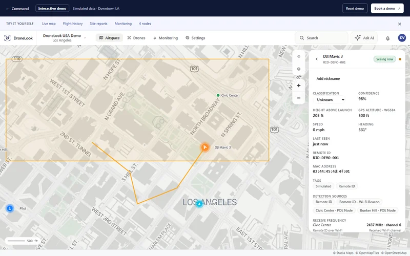 DroneLook Command demo showing four simulated drones and four receiving nodes across Downtown Los Angeles