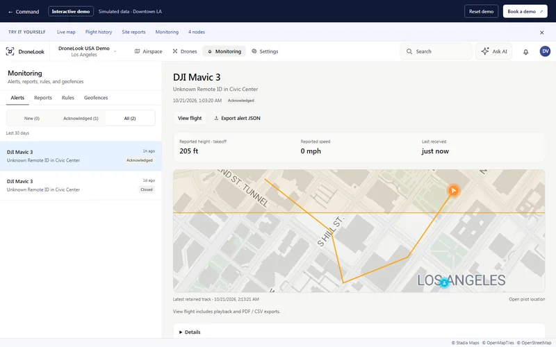 Downtown LA demo monitoring inbox with simulated alerts linked to the same aircraft and recorded flights