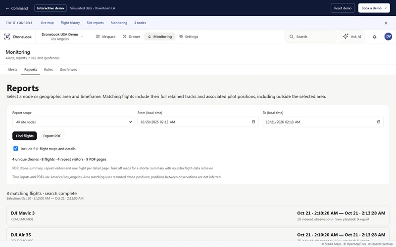 DroneLook Command site report search for the Downtown LA demonstration, using the same sample flights and four nodes