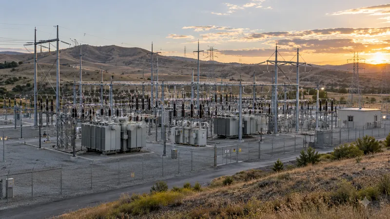 Illustration of an electrical substation with transformers and transmission infrastructure