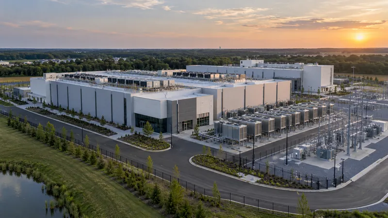 Illustration of a modern data center campus with outdoor cooling and electrical equipment