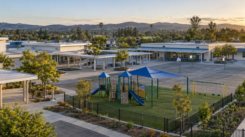 Illustration of a school campus with classroom buildings, outdoor courts, and a fenced playground