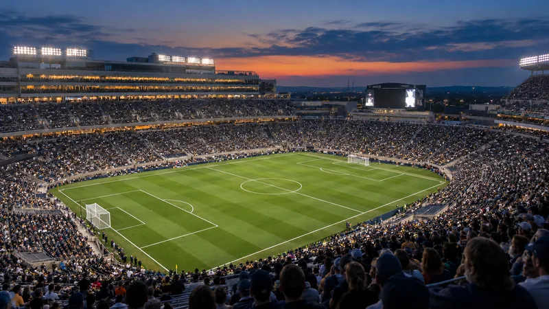 Illustration of a crowded stadium with a field and illuminated stands at dusk